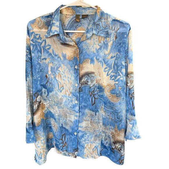 Serenade Top Women's Button Up Blue Tan Paisley Artsy Relaxed Comfort 2xl - Picture 1 of 7